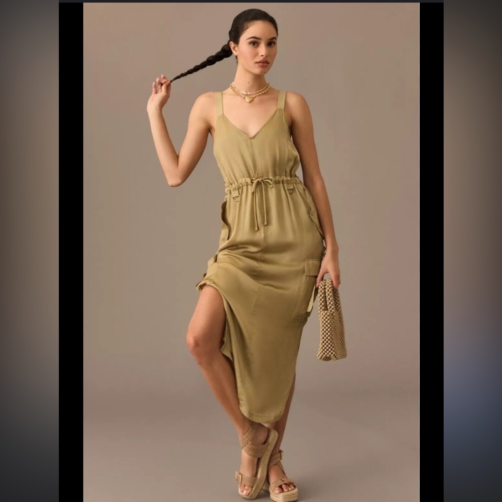 Anthropologie Love the Label Gold Satin Utility Overall Dress XS Retail $220
